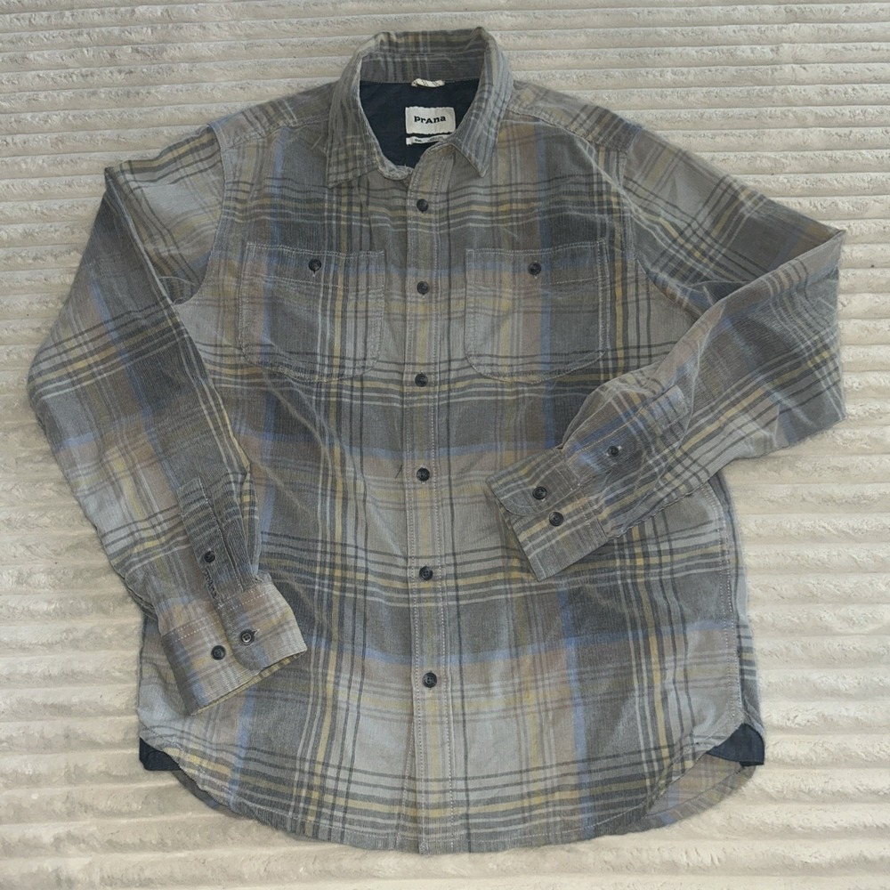 PrAna Dooley Shirt Mens Small Gray Plaid Long Sleeve Button Front Outdoor Casual